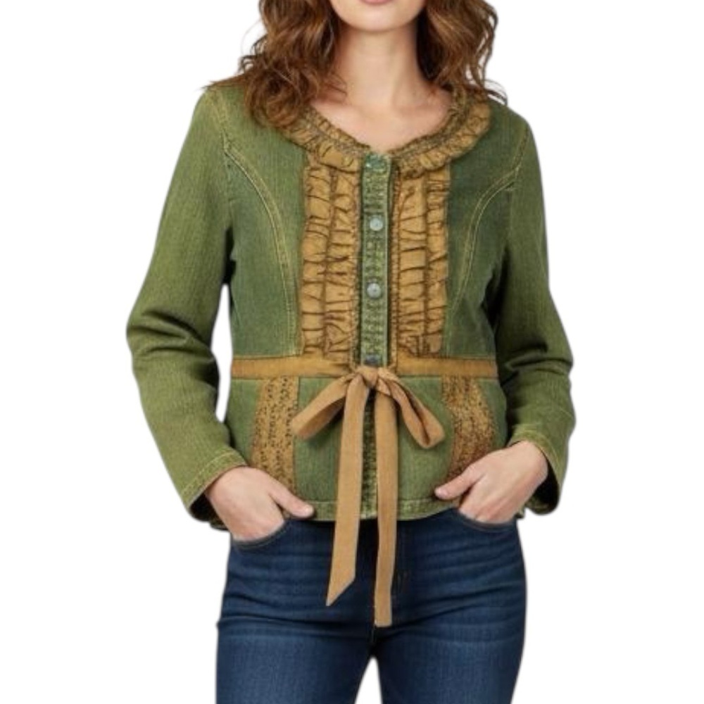 Vintage Joy London Green Denim Ruffle Beaded Boho Tie Waist Jacket Large